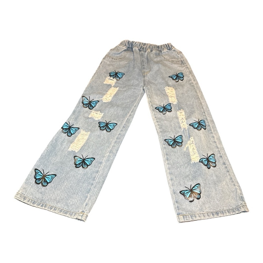 SHEIN Girls Butterfly Print Elastic Waist Ripped Wide-Leg Jeans Size 10/12